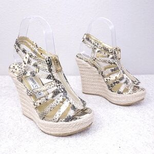 Jimmy Choo Espadrille Wedge Platform Pumps Snake Embossed Caged Sandals